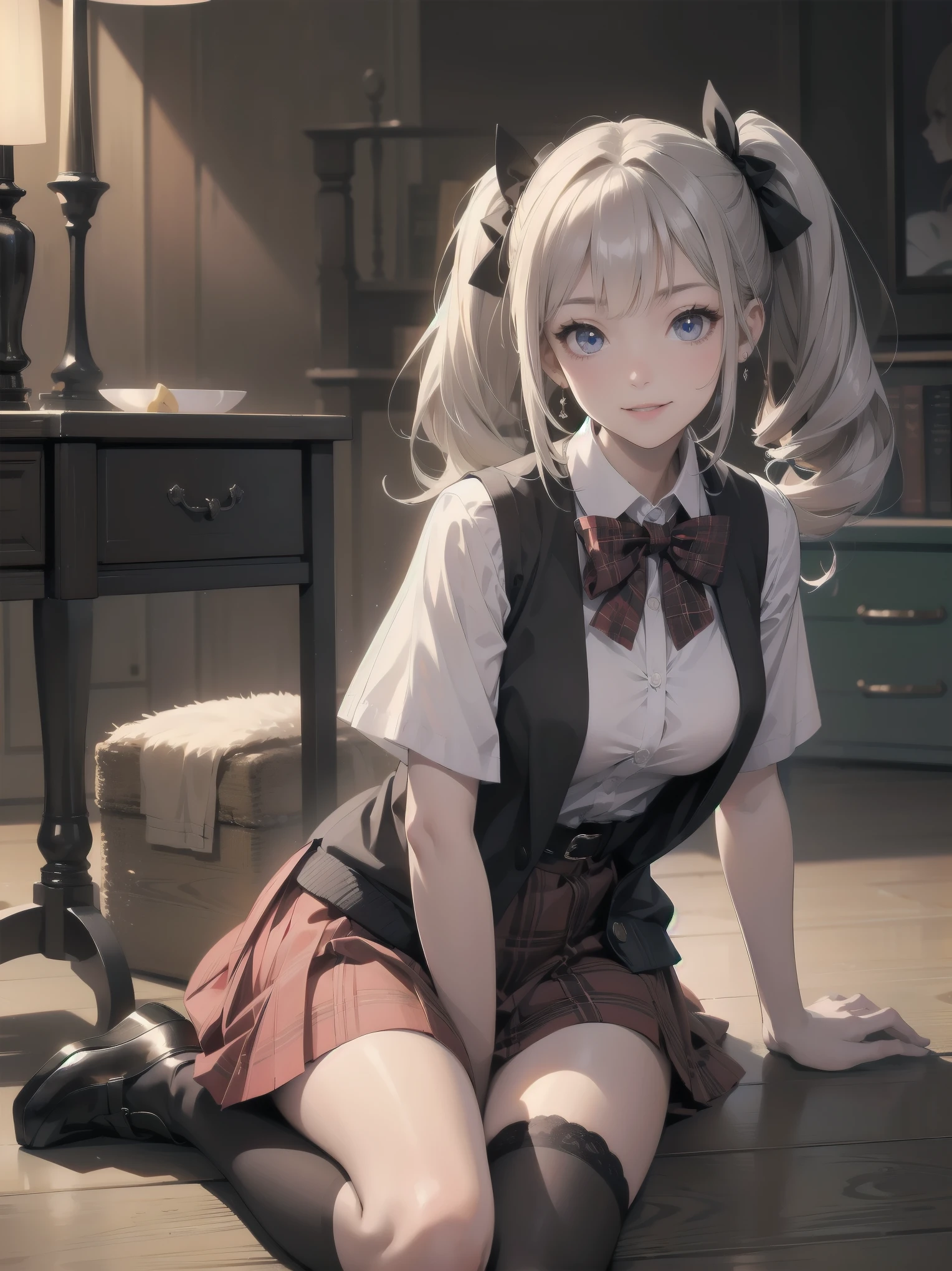 absurdres, absolutely resolution, incredibly absurdres, highres, ultra detailed, official art, unity 8k wallpaper,
BREAK
1 girl, soro, twintails, bow, cardigan vest, short sleeve shirt, plaid skirt, over black legwear, loafers, smile, Sexual girl, seducing men, colourful, bewitching eyes,