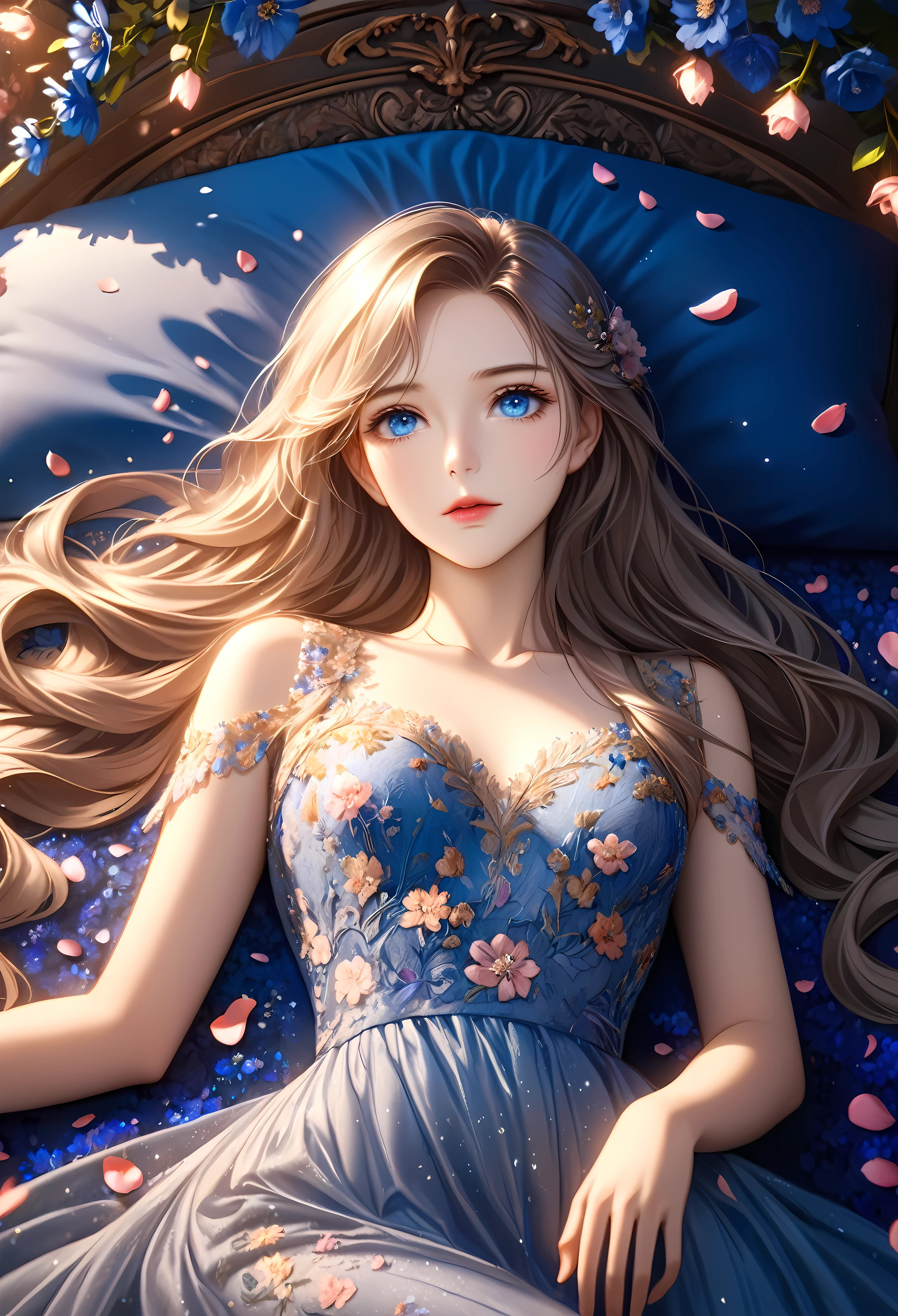 a pretty girl laying on a bed covered with flower petals, majestic evening dress, detailed face, beautiful blue eyes, long eyelashes, delicate lips, long flowing hair, intricate floral embroidery on dress, dramatic lighting, warm tones, cinematic composition, photorealistic, highly detailed, masterpiece, 8k