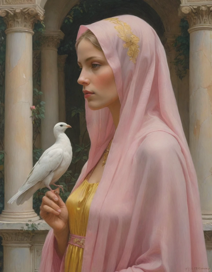 Masterpiece, ((realistic)), (propaganda poster), (((by Moebius))), ((((profile portrait of a veiled roman woman, young, priestess, dignified, wearing pink and yellow robes, detailed moth, rose elements, muted colors)))), (((corinthian columns with moth elements, jungle background, white doves)))