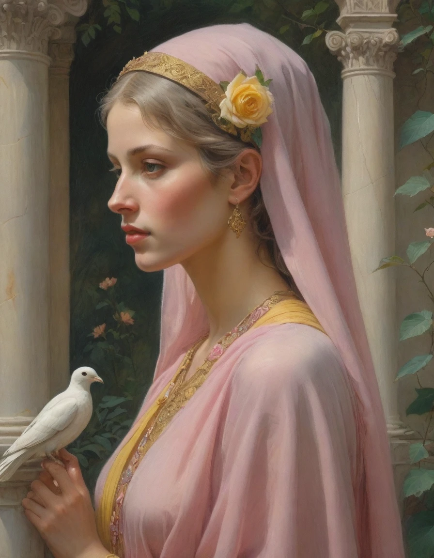 Masterpiece, ((realistic)), (propaganda poster), (((by Moebius))), ((((profile portrait of a veiled roman woman, young, priestess, dignified, wearing pink and yellow robes, detailed moth, rose elements, muted colors)))), (((corinthian columns with moth elements, jungle background, white doves)))