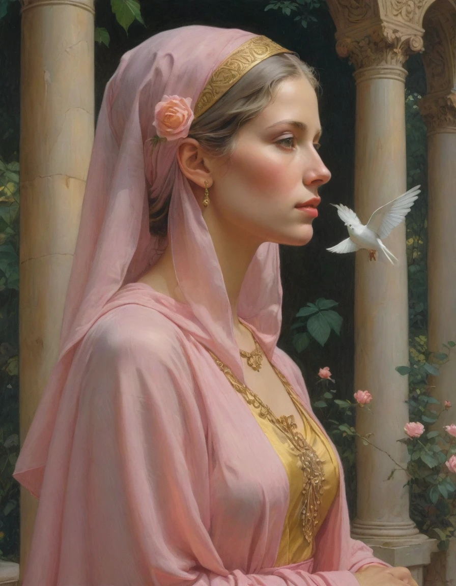 Masterpiece, ((realistic)), (propaganda poster), (((by Moebius))), ((((profile portrait of a veiled roman woman, young, priestess, dignified, wearing pink and yellow robes, detailed moth, rose elements, muted colors)))), (((corinthian columns with moth elements, jungle background, white doves)))