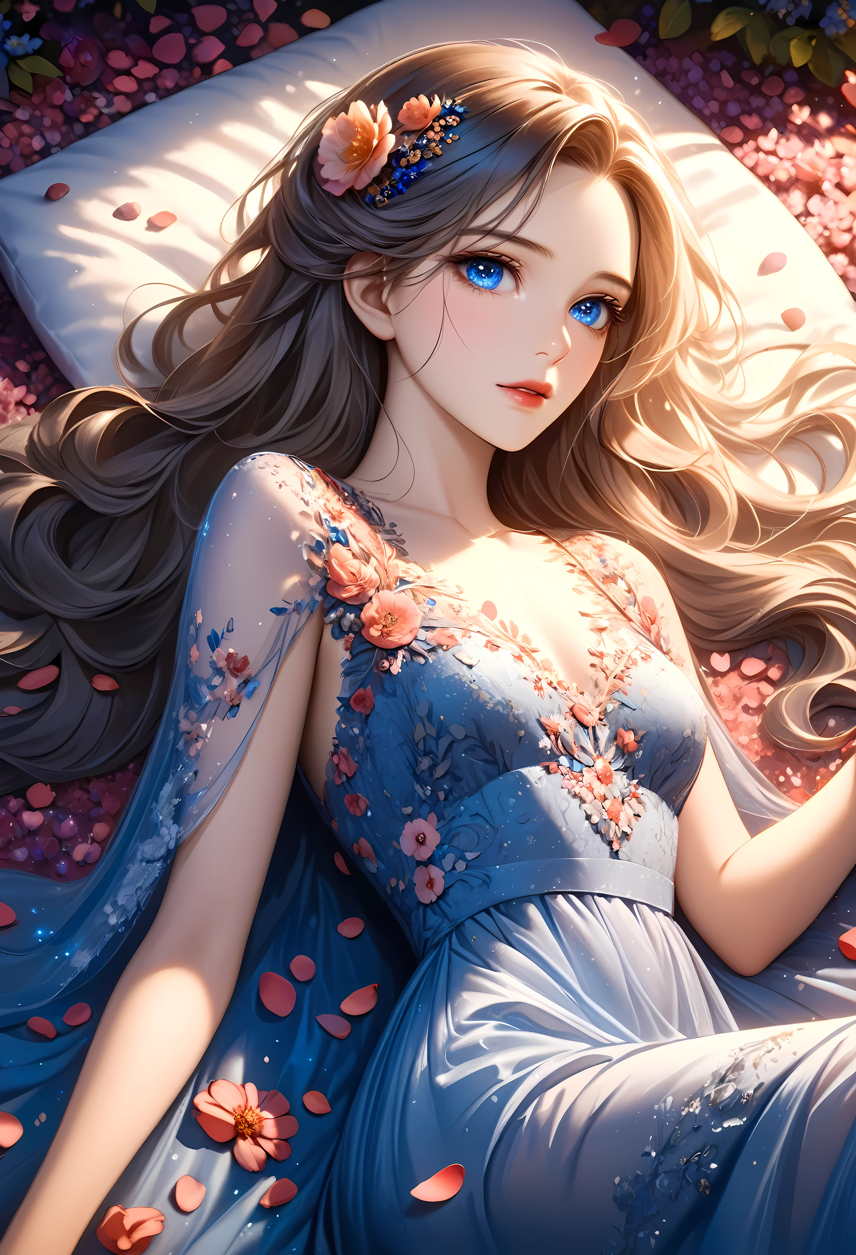 a pretty girl laying on a bed covered with flower petals, majestic evening dress, detailed face, beautiful blue eyes, long eyelashes, delicate lips, long flowing hair, intricate floral embroidery on dress, dramatic lighting, warm tones, cinematic composition, photorealistic, highly detailed, masterpiece, 8k