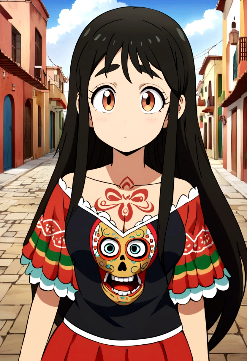 Otaku Girl, red and black clothing, mexican, large eyes, anime style, beautiful, Long hair, stylized body, Yesumi written on the chest