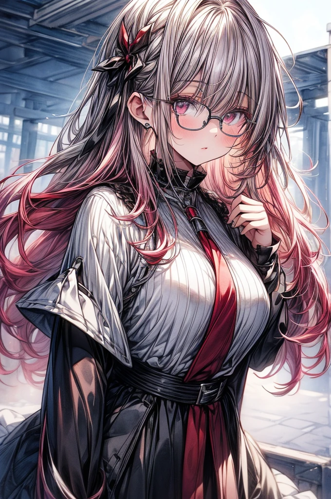 ((Sketch)), ((Watercolor)),((best quality)) ((best quality)), ((masterpiece)), (detailed), HD, Highly Detailed, 4k image, anime style, beautiful young teenage girl, tanned white skin, long waist length hair(pink-red hair), soft facial features, heterochromatic eyes(left eye: silver)(right eye: red), elegant battle-styled sundress, cherry red plump lips, large E-cup breasts, short height(150cm). wide hips and large round ass, silver round-frame glasses
