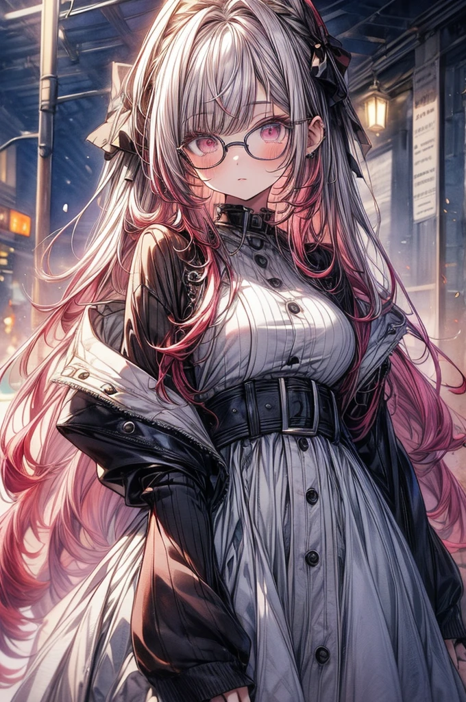 ((Sketch)), ((Watercolor)),((best quality)) ((best quality)), ((masterpiece)), (detailed), HD, Highly Detailed, 4k image, anime style, beautiful young teenage girl, tanned white skin, long waist length hair(pink-red hair), soft facial features, heterochromatic eyes(left eye: silver)(right eye: red), elegant battle-styled sundress, cherry red plump lips, large E-cup breasts, short height(150cm). wide hips and large round ass, silver round-frame glasses