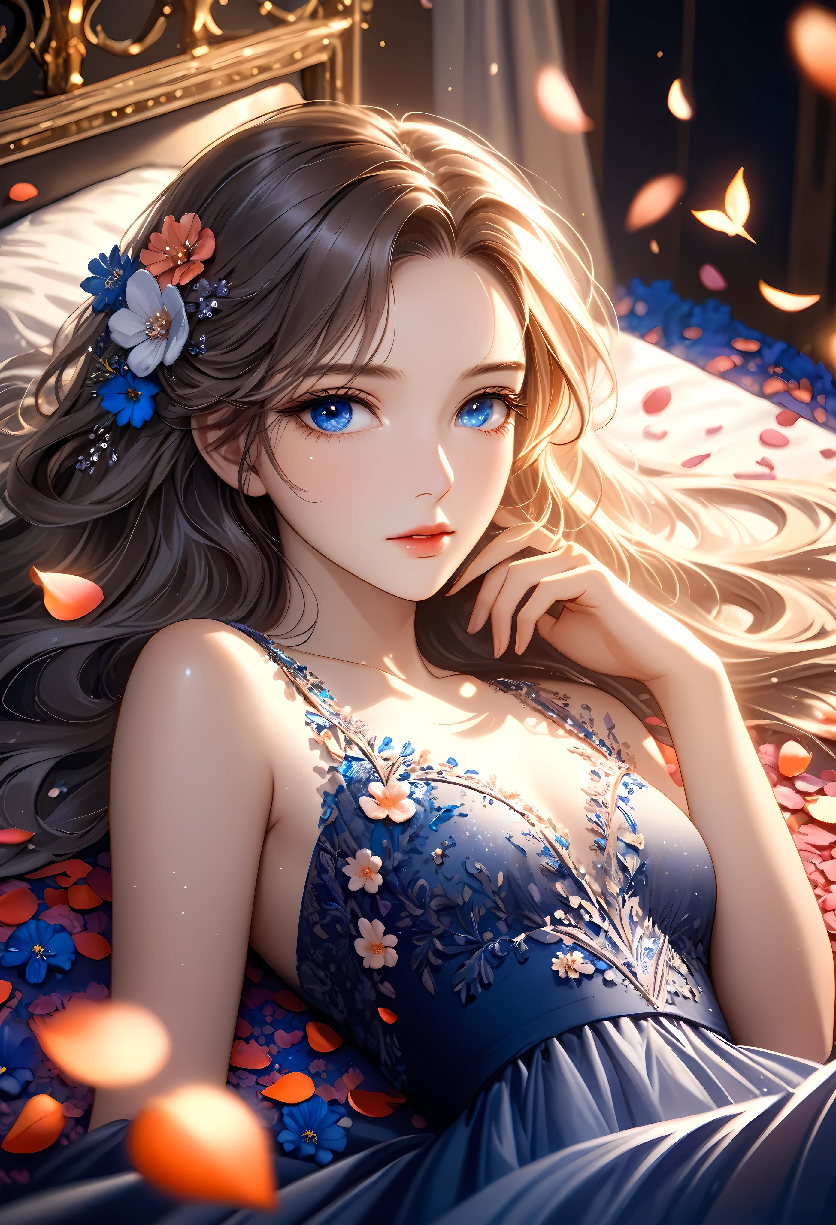 a pretty girl laying on a bed covered with flower petals, majestic evening dress, detailed face, beautiful blue eyes, long eyelashes, delicate lips, long flowing hair, intricate floral embroidery on dress, dramatic lighting, warm tones, cinematic composition, photorealistic, highly detailed, masterpiece, 8k