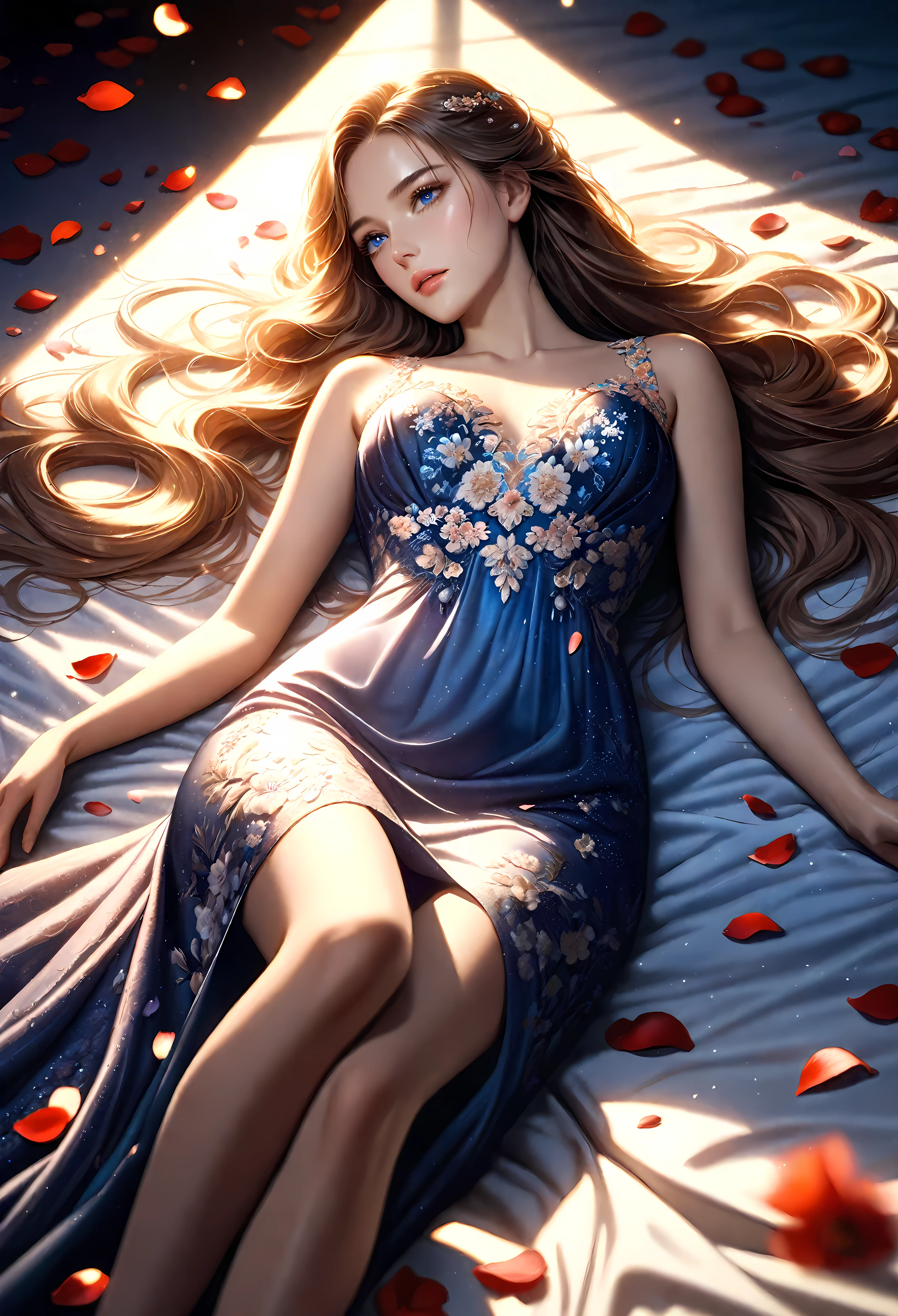 a pretty girl laying on a bed covered with flower petals, majestic evening dress, detailed face, beautiful blue eyes, long eyelashes, delicate lips, long flowing hair, intricate floral embroidery on dress, dramatic lighting, warm tones, cinematic composition, photorealistic, highly detailed, masterpiece, 8k