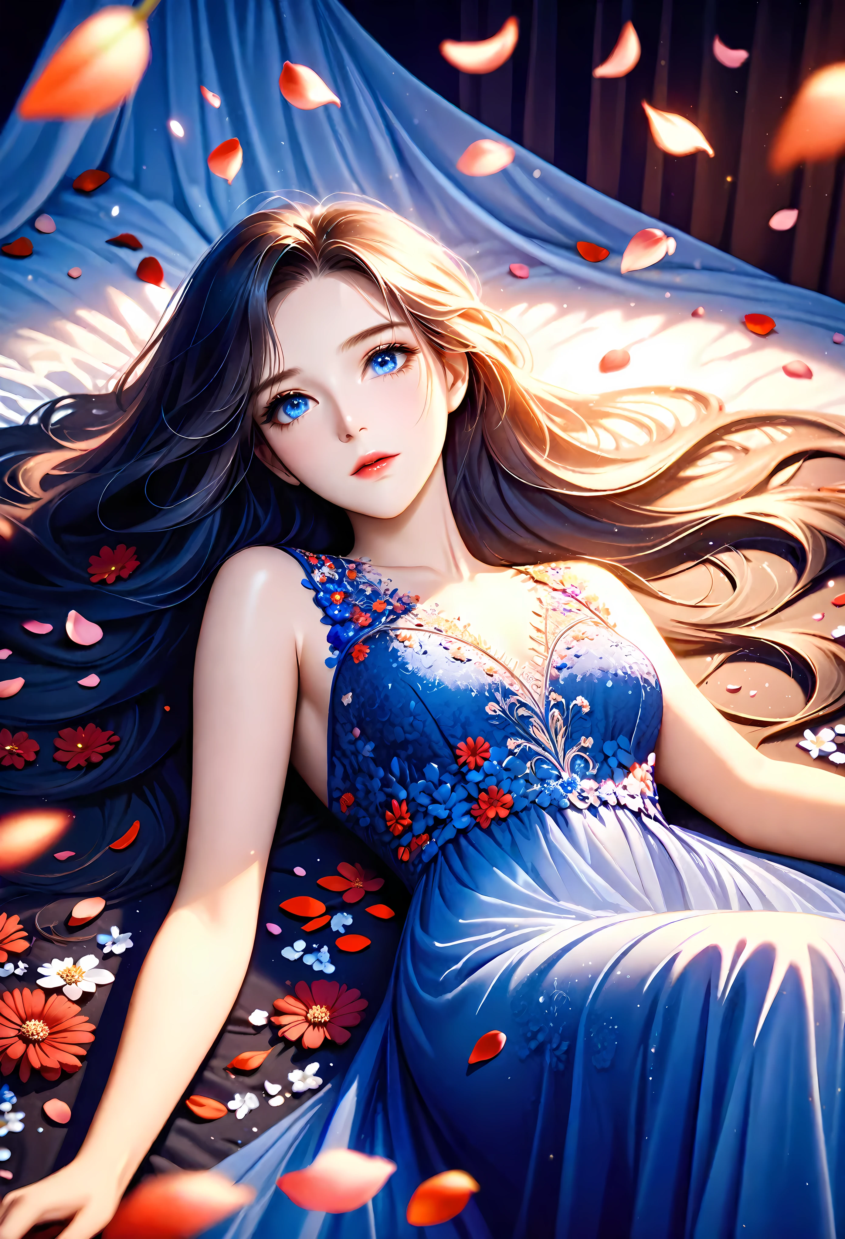 a pretty girl laying on a bed covered with flower petals, majestic evening dress, detailed face, beautiful blue eyes, long eyelashes, delicate lips, long flowing hair, intricate floral embroidery on dress, dramatic lighting, warm tones, cinematic composition, photorealistic, highly detailed, masterpiece, 8k