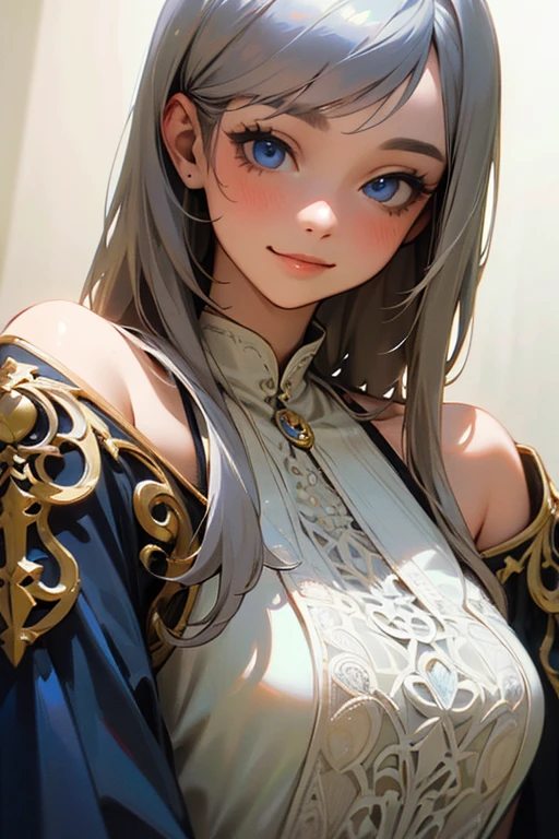 (masterpiece: 1.2, Highest quality), (Actual Photos, Intricate details), 1. woman, alone, Upper Body, casual, Shoulder-length hair, Minimal makeup, Natural materials, Face close-up, smile, Home, Gray Hair, blue eyes, Shoulder Bare、