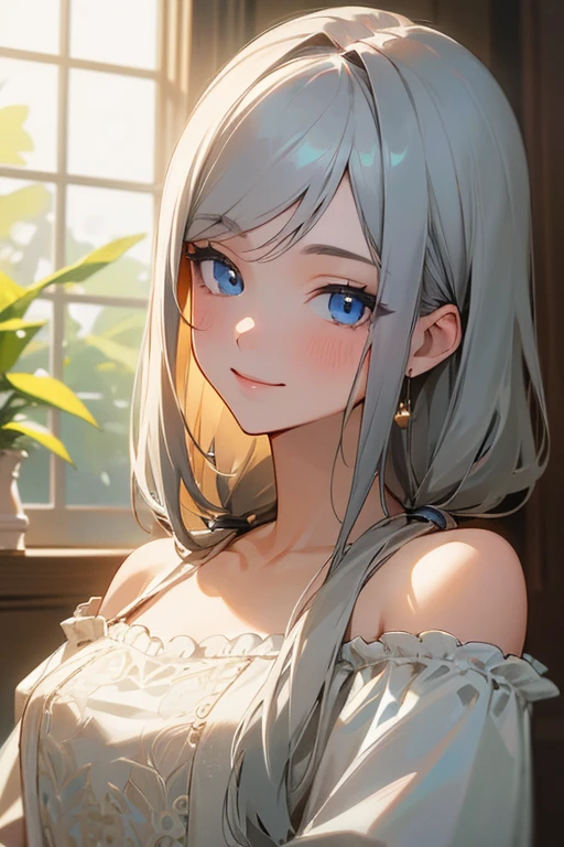(masterpiece: 1.2, Highest quality), (Actual Photos, Intricate details), 1. woman, alone, Upper Body, casual, Shoulder-length hair, Minimal makeup, Natural materials, Face close-up, smile, Home, Gray Hair, blue eyes, Shoulder Bare、