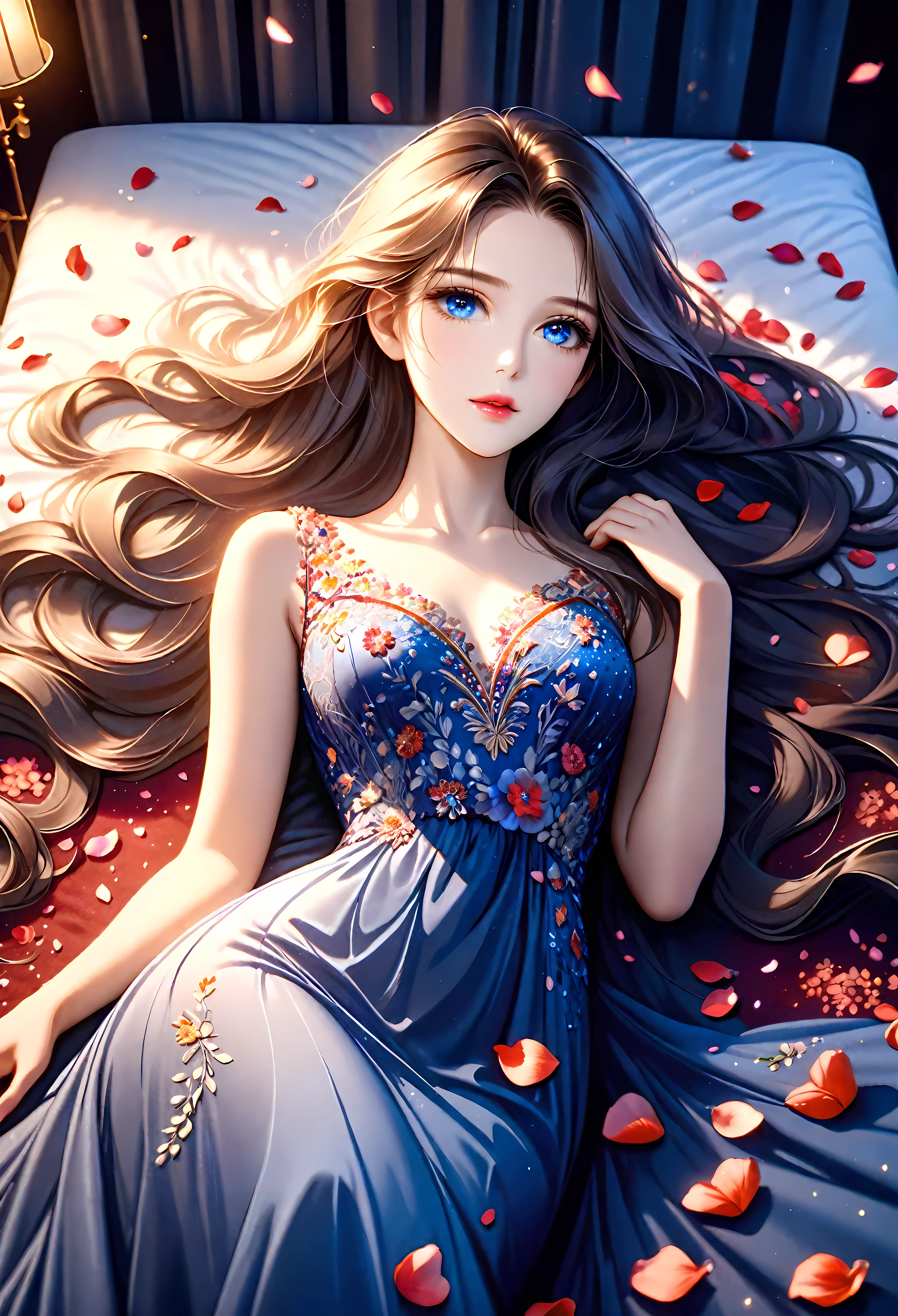 a pretty girl laying on a bed covered with flower petals, majestic evening dress, detailed face, beautiful blue eyes, long eyelashes, delicate lips, long flowing hair, intricate floral embroidery on dress, dramatic lighting, warm tones, cinematic composition, photorealistic, highly detailed, masterpiece, 8k