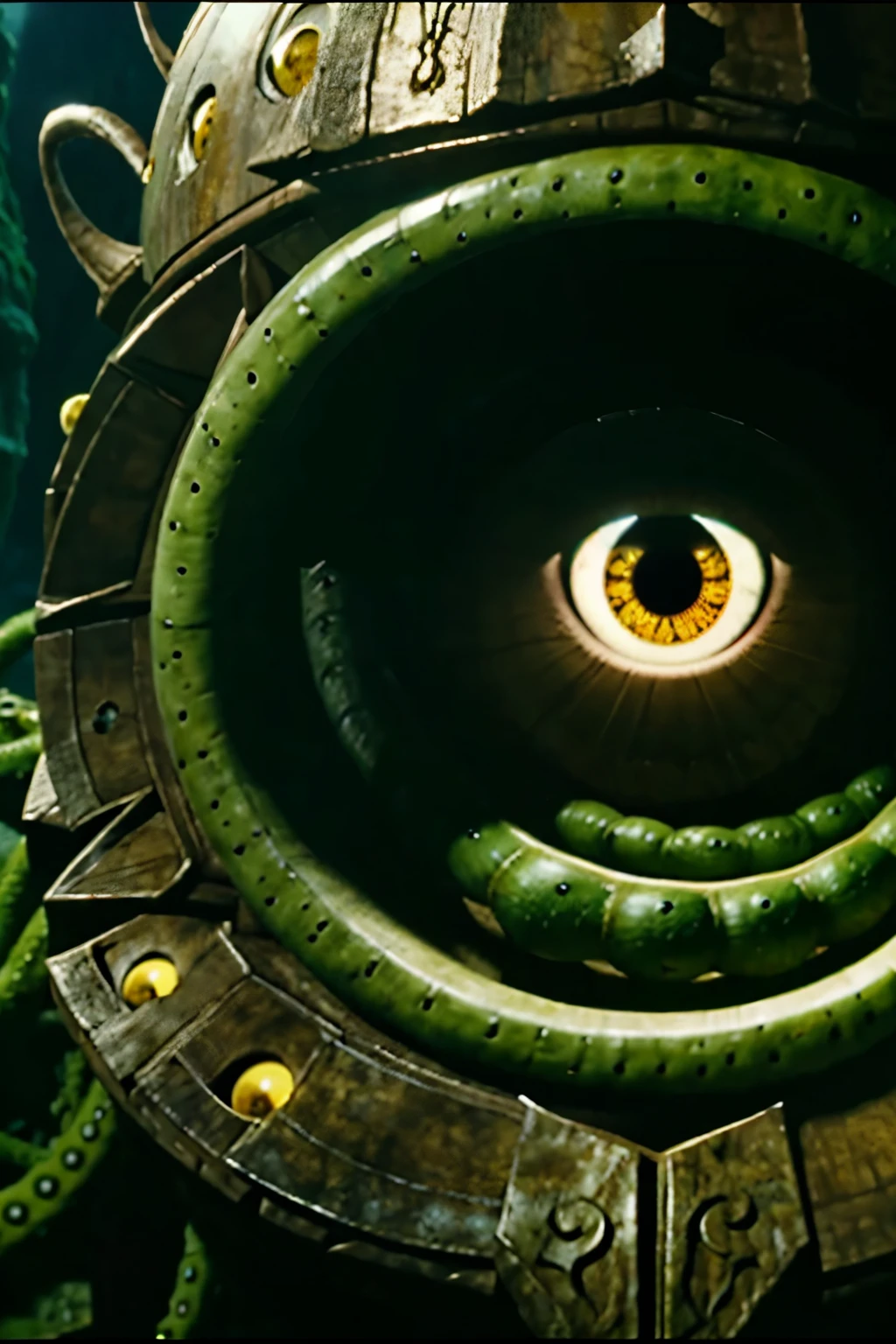 dvd screengrab, from 1982 dark fantasy film, "excalibur", a round monster, with just one big yellow eye right in the middle and full of green tentacles around it --ar 3:2