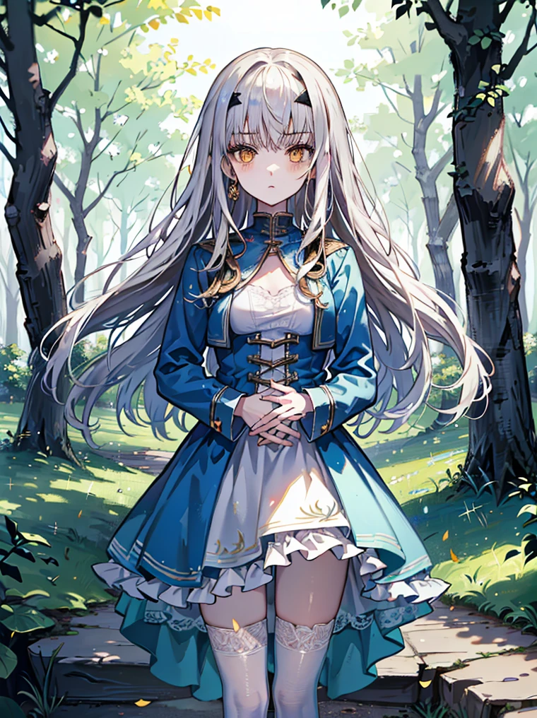 ((absurdres)), hd, uhd, (((HDR))), ((best quality)), (ultra high quality), (hi-res), ((1girl)), solo, alone, melusine, (brown eyes:1.5), long hair, white hair, sidelocks, ((blue dress)), dress, frills, long sleeves, white thighhighs, serious expression, ((looking at viewer)), ((dynamic)), fairy forest city, outside, forest city buildings, sidewalk, trees, daytime, additional lighting, sunlight on face, noon, bright sun, forest scenery, (five fingers),