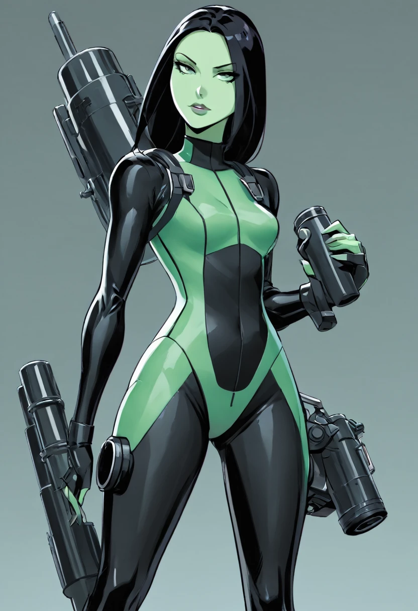cartoon thin woman, long neck, long black hair, pale green skin, wearing a sci-fi diving suit. she is armed with an arm cannon