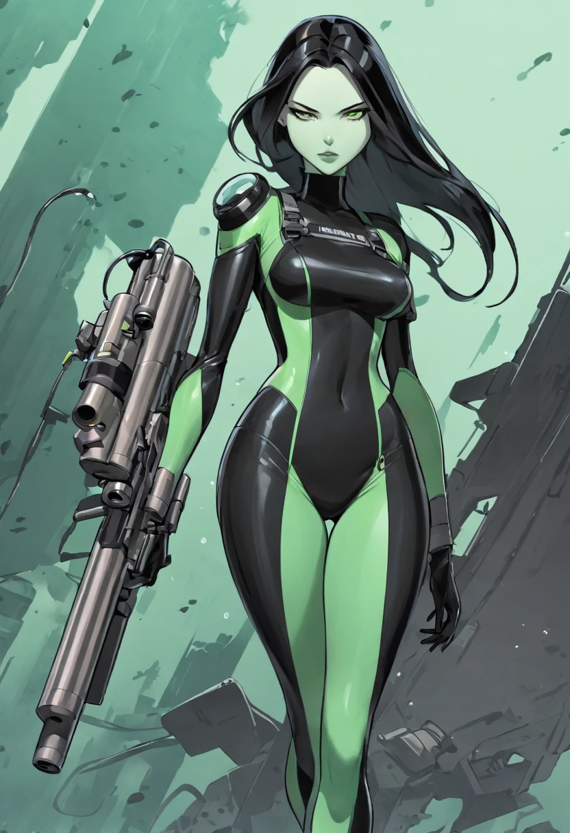 cartoon thin woman, long neck, long black hair, pale green skin, wearing a sci-fi diving suit. she is armed with an arm cannon