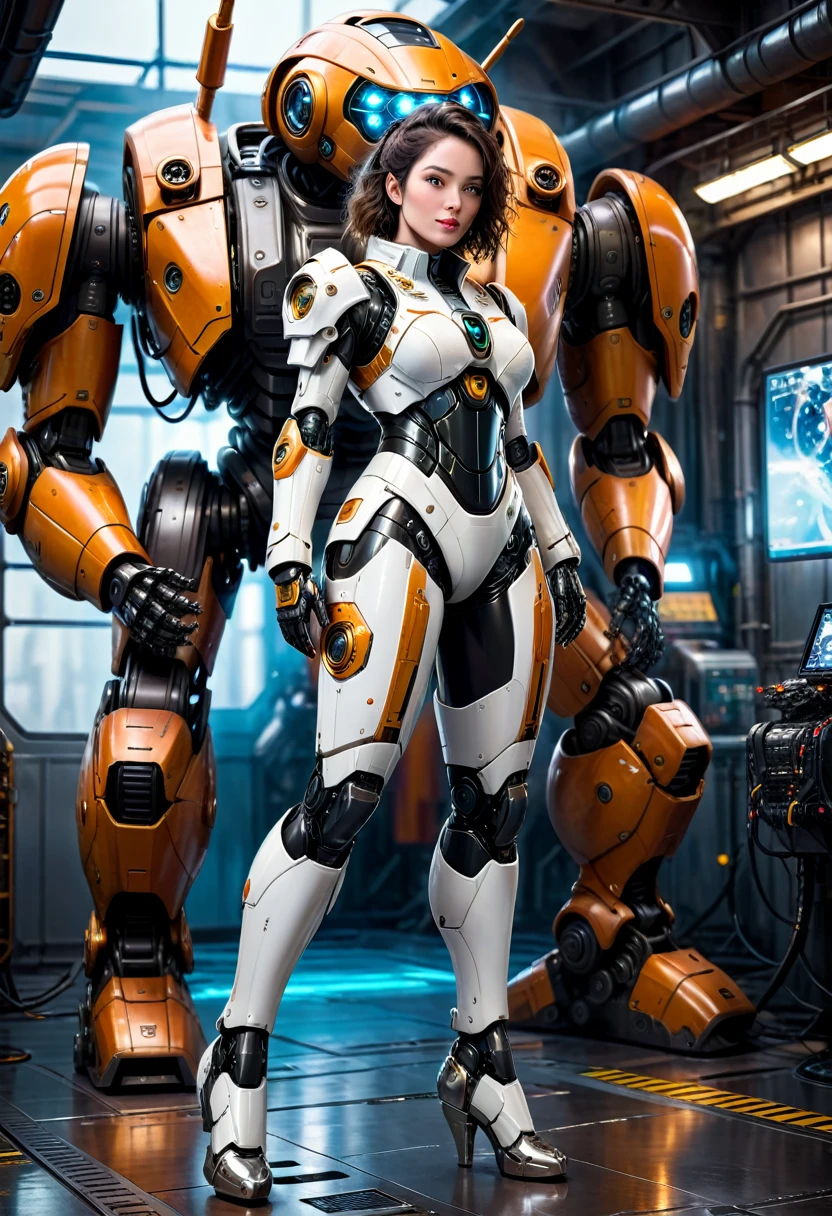 a beautiful detailed woman in a tight, erotic and form-fitting pilot suit, the massive robot's pilot, robot's feet in the background, highly detailed, photorealistic, 8K, cinematic lighting, intricate details, dramatic composition, dynamic pose, vivid colors, science fiction, mecha, concept art