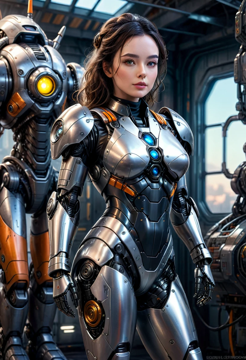 a beautiful detailed woman in a tight, erotic and form-fitting pilot suit, the massive robot's pilot, robot's feet in the background, highly detailed, photorealistic, 8K, cinematic lighting, intricate details, dramatic composition, dynamic pose, vivid colors, science fiction, mecha, concept art