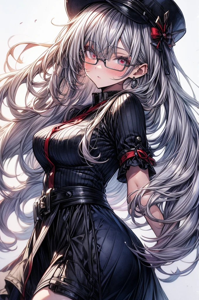 ((Sketch)), ((Watercolor)),((best quality)) ((best quality)), ((masterpiece)), (detailed), HD, Highly Detailed, 4k image, anime style, beautiful young teenage girl, tanned white skin, long waist length hair(white-red [hair), soft facial features, heterochromatic eyes(left eye: silver)(right eye: red), elegant battle-styled sundress, cherry red plump lips, large E-cup breasts, short height(150cm). wide hips and large round ass, silver round-frame glasses