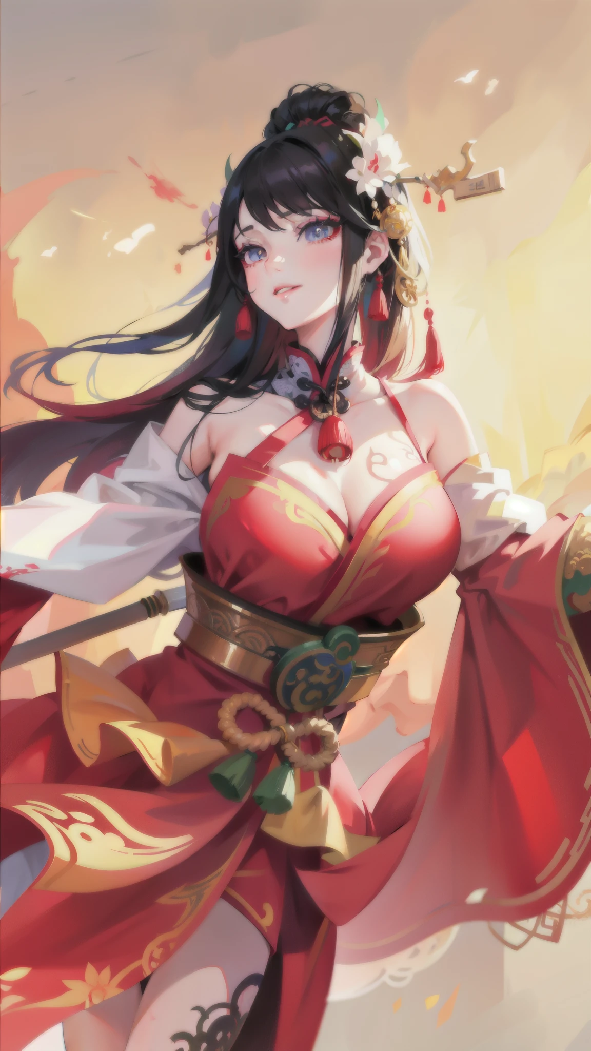 intricate anime character, 1girl, beautiful detailed eyes, beautiful detailed lips, extremely detailed face, long eyelashes, colorful traditional chinese outfit, holding a stick in right hand, looking to the right, smiling, highly detailed, 4k, 8k, vivid colors, masterpiece, digital painting, vibrant, rich textures, dynamic lighting, photorealistic