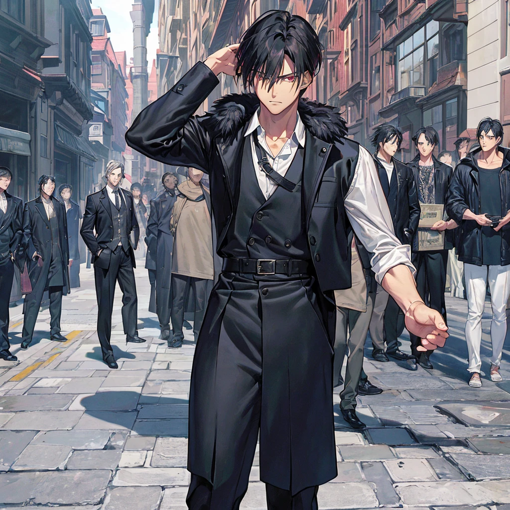 1 male, levi ackerman character, whole body, Handsome boy, Body length 180, 20 years, (short black hair, Street hairstyle) , ((Red eyes)), ojos realists, beautiful and sharp eyes), Mens clothing, muscles, (fondo de pantalla 8K), (street background) 8K, Quilty Altitude, realist, Beautiful realism, exceptional detail, photo and gross, realist clothes, black fur, realistic hair, ojos realists, Light and cool lighting, foto realist, cel shading, Gel lighting, ultra-detail, (in the morning)