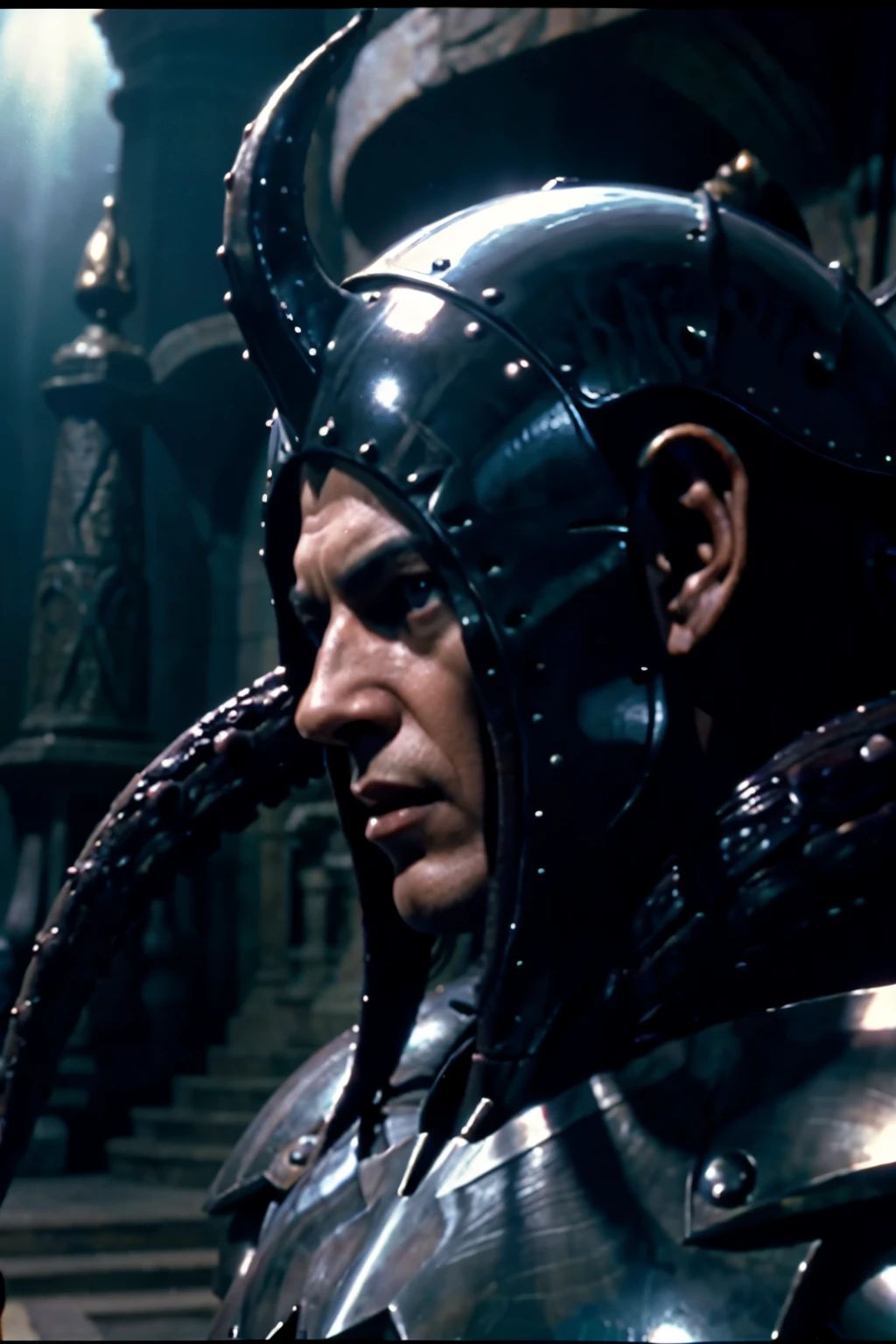 dvd screengrab, from 1982 dark fantasy film, "excalibur", a humanoid monster with tentacles in its head --ar 3:2