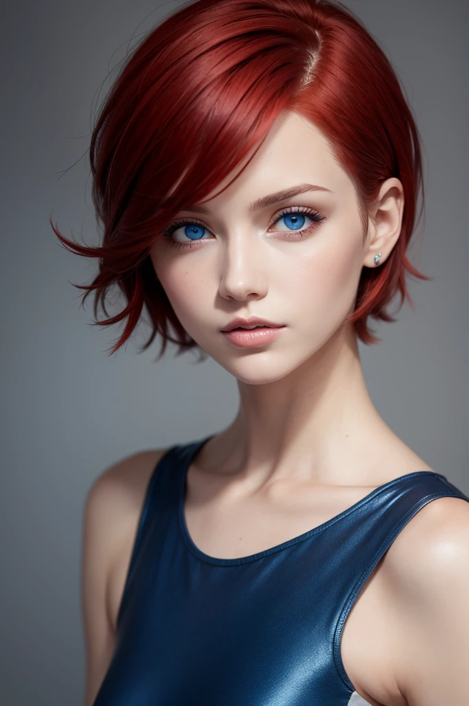 Woman in short dress realistic colors with short red hair and blue eyes