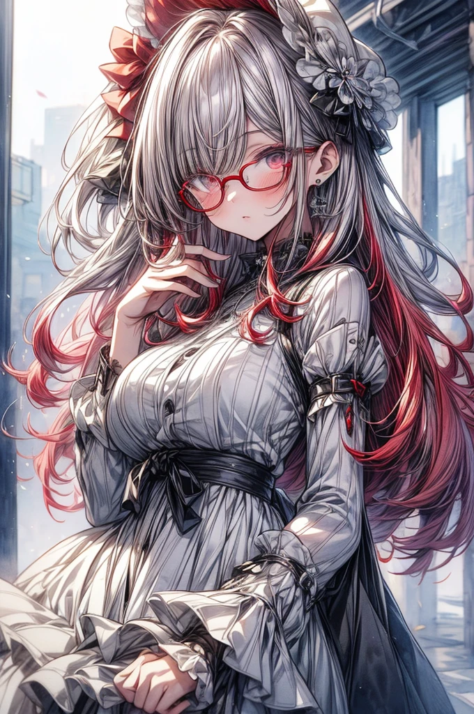 ((Sketch)), ((Watercolor)),((best quality)) ((best quality)), ((masterpiece)), (detailed), HD, Highly Detailed, 4k image, anime style, beautiful young age girl, tanned white skin, long waist length hair(white-red hair), soft facial features, heterochromatic eyes(left eye: silver)(right eye: red), elegant battle-styled sundress, cherry red plump lips, large E-cup breasts, short height(150cm). wide hips and large round ass, silver round-frame glasses