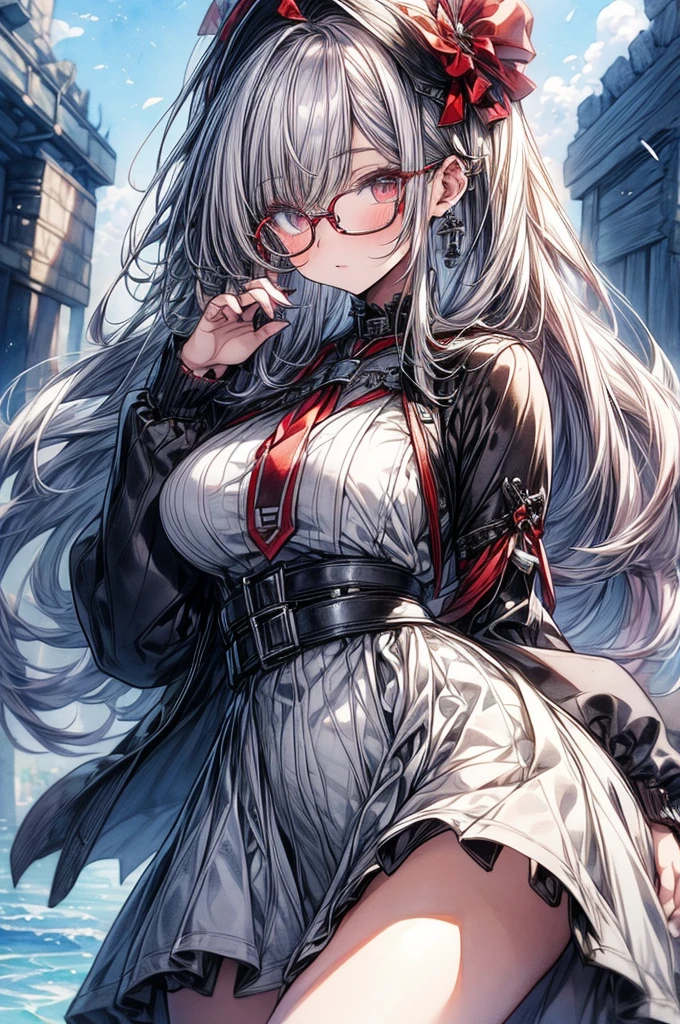 ((Sketch)), ((Watercolor)),((best quality)) ((best quality)), ((masterpiece)), (detailed), HD, Highly Detailed, 4k image, anime style, beautiful young teenage girl, tanned white skin, long waist length hair(white-red hair), soft facial features, heterochromatic eyes(left eye: silver)(right eye: red), elegant battle-styled sundress, cherry red plump lips, large E-cup breasts, short height(150cm). wide hips and large round ass, silver round-frame glasses