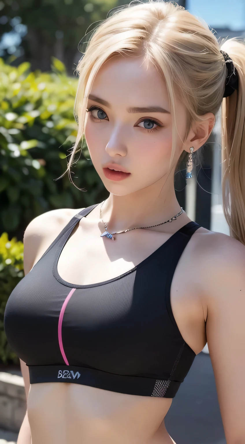 ultra-detailed, bright colour, (Black Sports Bra:1.4),(Show below:1.3),(Surprised:1.4),extremely beautiful detailed face and eyes, view straight on, shiny_skin, 25 years old, Short hair, , asymmetrical bangs, Blonde hair with short twin tails, Forehead, Shiny hair, Delicate beautiful face, red blush、Blue eyes, White skin, hair clips, earrings, a necklace, Beautiful cloud, Blue summer sky、A park full of nature