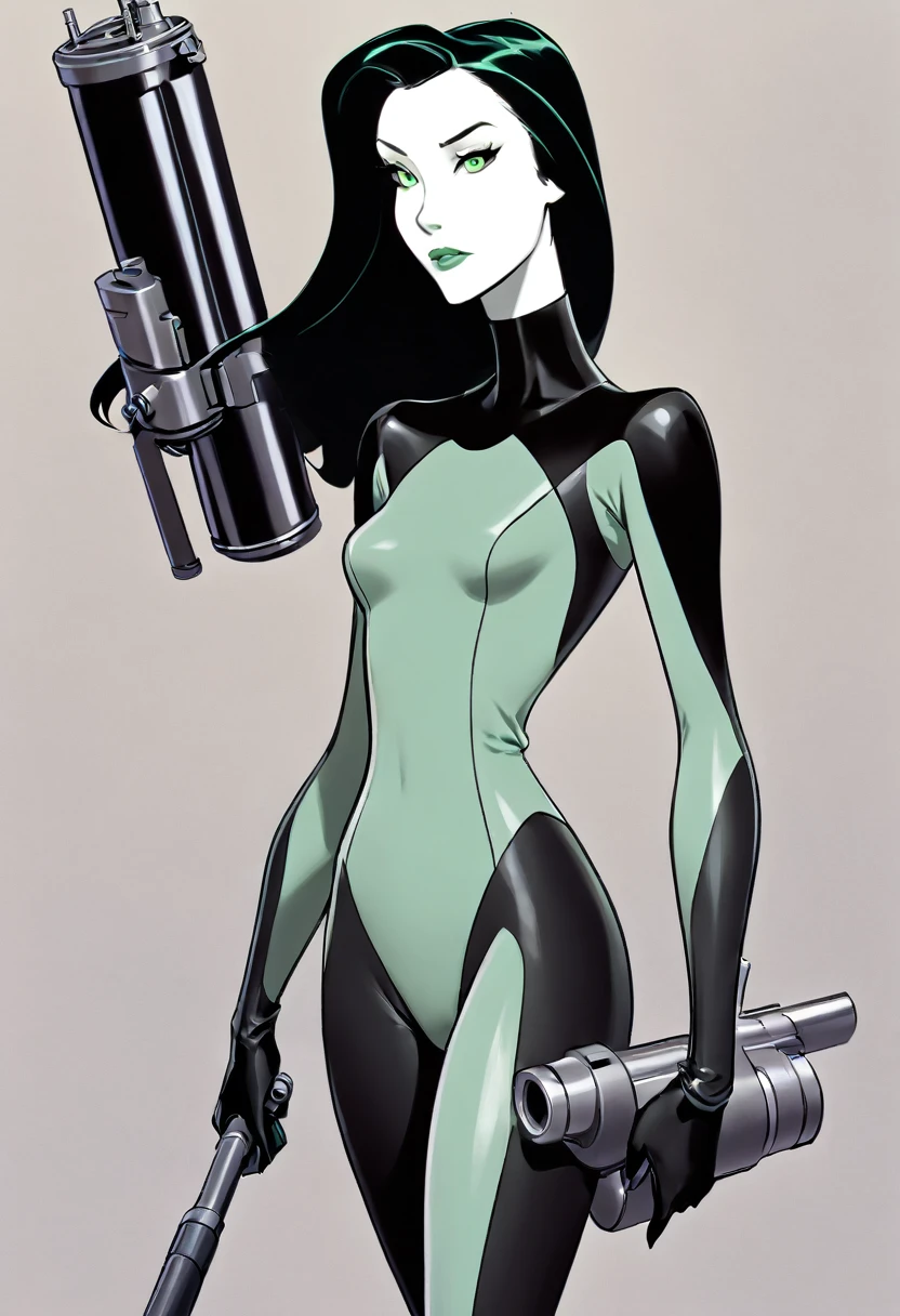 cartoon thin woman, long neck, long black hair, pale green skin, wearing a sci-fi diving suit. she is armed with an arm cannon