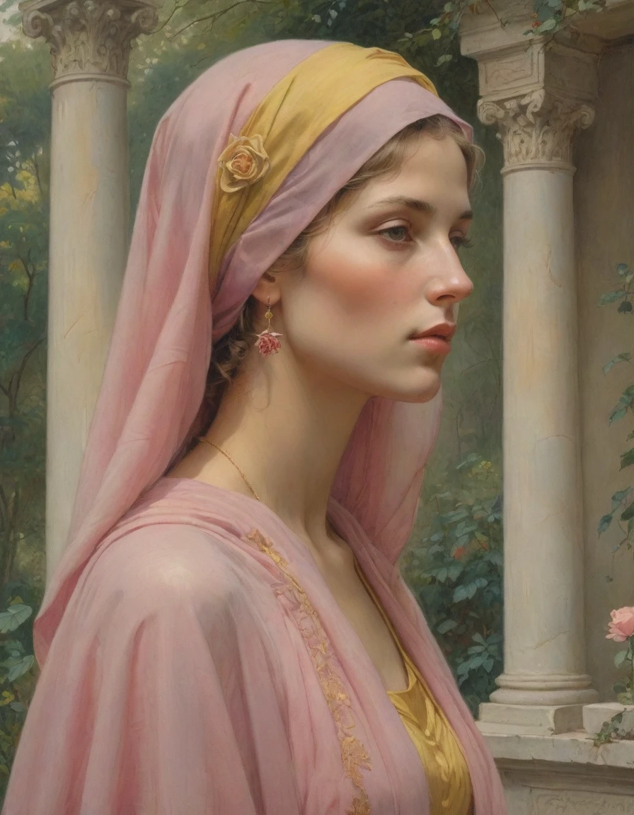 Masterpiece, ((realistic)), (propaganda poster), (((by Moebius))), ((((profile portrait of a veiled roman woman, young, priestess, dignified, wearing pink and yellow robes, detailed moth, rose elements, muted colors)))), (((Corinthian columns with moth elements, jungle background, white moths)))
