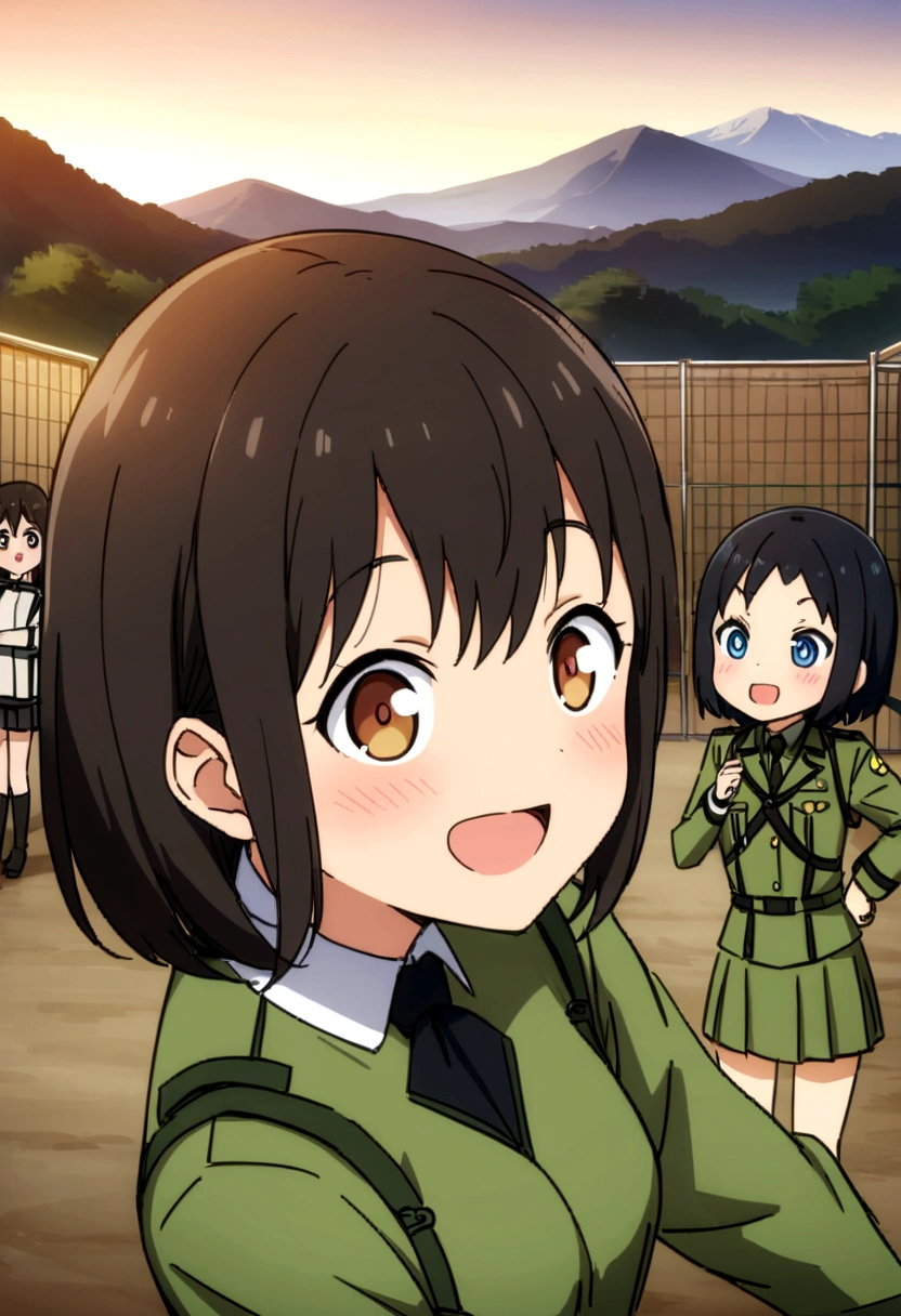 Highest quality、high resolution、Detailed Description、Detailed Background、Accurate depiction、animeスタイル、anime、Four Girlore than one person、元気なFour Girls、Dark Skin、uniform、army base、Training Facilities、Chat、chatting、Black Short Hair、Big eyes、cute、Asahi、View of the shooting range and mountains