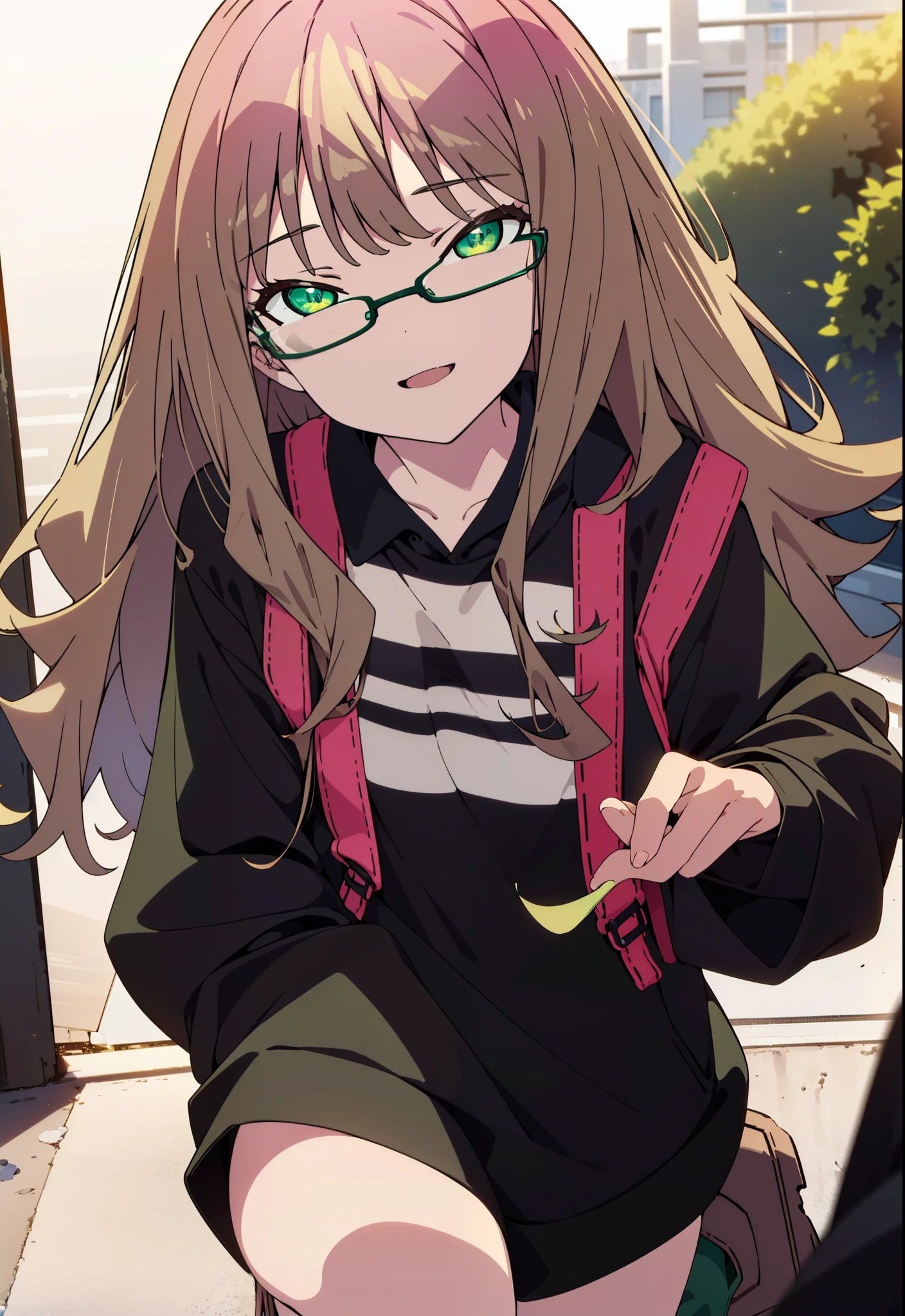 minami yume ,sss Dynazenon ,Long Hair, Brown Hair, (Green Eyes:1.5) ,Center of chest,hair band,happy smile, smile, Open your mouth, Black-rimmed glasses,Oversized red hoodie,Blue long skirt,short boots,Walking,whole bodyがイラストに入るように
break looking at viewer, whole body,
break outdoors, Building district,
break (masterpiece:1.2), Highest quality, High resolution, unity 8k wallpaper, (shape:0.8), (Beautiful and beautiful eyes:1.6), Highly detailed face, Perfect lighting, Extremely detailed CG, (Perfect hands, Perfect Anatomy),