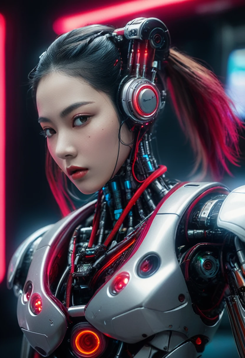 xxmixgirl. Highly detailed professional 35mm film, bokeh, face in sharp focus. A robotic female, Miku, with ((metal skin)), ((perfect Asian eyes)) with magenta irises and ((black pupils)), beautiful serious (detailed face), 18 year old ((photorealistic face)), very long magenta twin tails of magenta hair, twin black hair ties with a single red stripe. She may have a black audio headpiece. We can see her ((full body)) down to her boot soles. Her outfit is a sleeveless collared light grey shirt, outlined in red around the frilled collar and hems. Shiny reflective ((metallic breast cups, dimpleless)), invisible nipples. She wears black sleeves with red hems that start around her upper arm and bellow out as the sleeves open and extend to her wrists, with wide trumpet red rimmed cuffs. She has perfect robotic (detailed hands). She wears a red colored tie with two horizontal solid parallel black lines halfway across. She wears a fabric black skirt with a horizontal red hem at the bottom all the way around; her (((black skirt wraps around her))) and ((her skirt completely covers)) her robotic waist and thighs. Tall black boots with red bottom soles, a red rim around the top at her thighs. Her mechanical shoulder joints are visible. We can see her robotic legs and robotic neck. Half of her is covered with shiny polished machinery. The background is a distant dark neon futuristic Japanese city, gold, cyan, violet neon, near harbor or mountains.