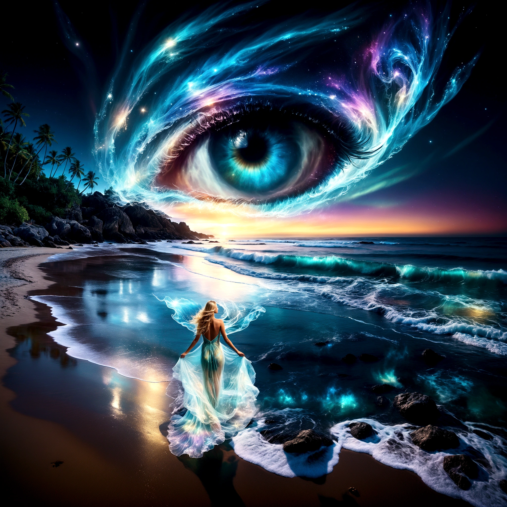 Pristine beach at night with a bioluminescent and crystalline sea, viewed from a high vantage point. Sky: Majestic swirling galaxy forming a giant, detailed eye with vibrant colors reflecting on the water below. Bioluminescent and crystal-clear, with small waves crashing onto the sandy beach. Vivid reflections of the cosmic eye and starry sky on the water's surface. Intricate details in the waves' glow. Blonde woman with long flowing hair, wearing a floating, transparent dress resembling swirling patterns of Aurora Borealis. She stands in contemplation. in 4K resolution. ((tyndtous effect):1.1), ((exotic night sky):1.2), ((sense of discovery):1.1), (shimmer), (visual experience), (realism), (realistic), award-winning graphics, dark shot, film grain, extremely detailed, digital art, RTX, unreal engine, scene concept anti-glare effect, All captured in sharp focus.