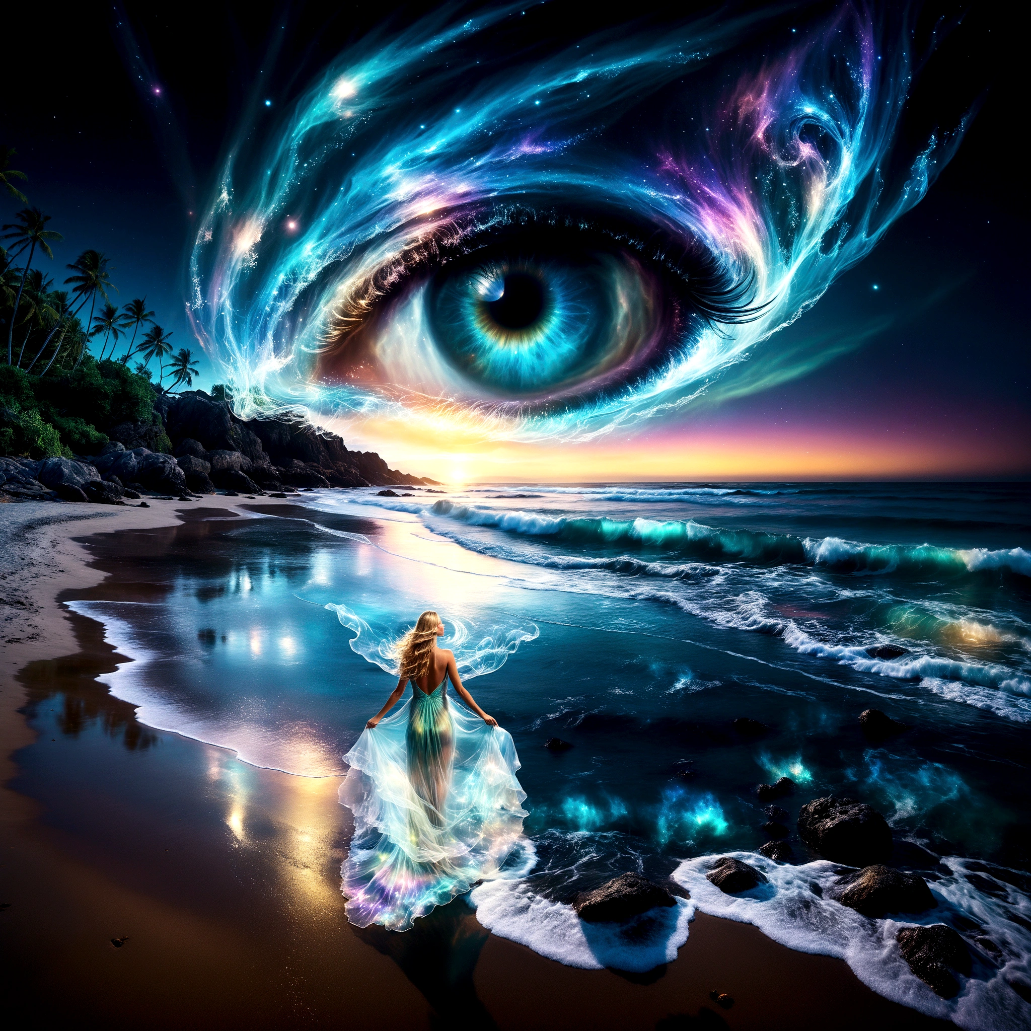 Pristine beach at night with a bioluminescent and crystalline sea, viewed from a high vantage point. Sky: Majestic swirling galaxy forming a giant, detailed eye with vibrant colors reflecting on the water below. Bioluminescent and crystal-clear, with small waves crashing onto the sandy beach. Vivid reflections of the cosmic eye and starry sky on the water's surface. Intricate details in the waves' glow. Blonde woman with long flowing hair, wearing a floating, transparent dress resembling swirling patterns of Aurora Borealis. She stands in contemplation. in 4K resolution. ((tyndtous effect):1.1), ((exotic night sky):1.2), ((sense of discovery):1.1), (shimmer), (visual experience), (realism), (realistic), award-winning graphics, dark shot, film grain, extremely detailed, digital art, RTX, unreal engine, scene concept anti-glare effect, All captured in sharp focus.