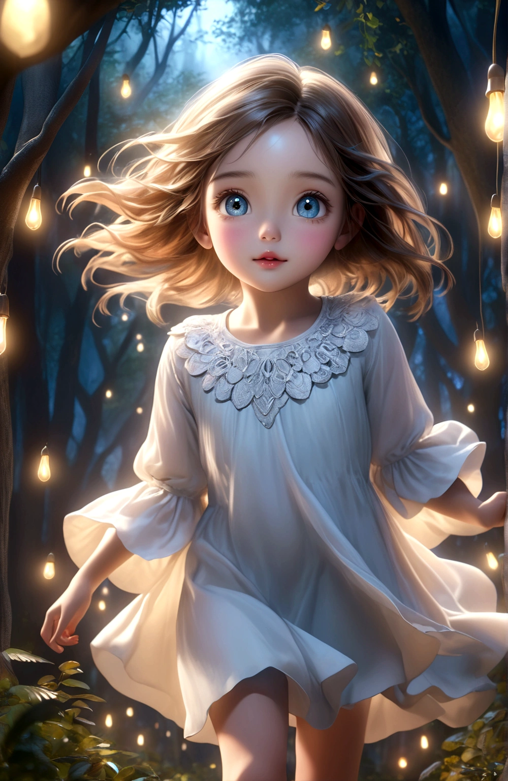 a little girl running through a dark enchanted forest at night, euphoric expression, happy, beautiful detailed eyes, beautiful detailed lips, extremely detailed face and features, long eyelashes, porcelain skin, colorful magical lights, mystical atmosphere, (best quality,4k,8k,highres,masterpiece:1.2),ultra-detailed,(realistic,photorealistic,photo-realistic:1.37),fantasy,cinematic lighting,warm color tones,vibrant colors