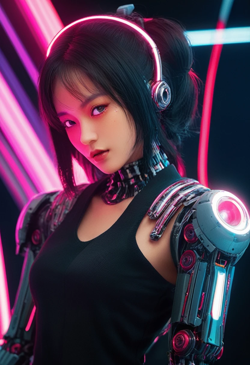 xxmixgirl. Highly detailed professional 35mm film, bokeh, face in sharp focus. A robotic female, Miku, with ((metal skin)), ((perfect Asian eyes)) with magenta irises and ((black pupils)), beautiful serious (detailed face), 18 year old ((photorealistic face)), very long magenta twin tails of magenta hair, twin black hair ties with a single red stripe. She may have a black audio headpiece. We can see her ((full body)) down to her boot soles. Her outfit is a sleeveless collared light grey shirt, outlined in red around the frilled collar and hems. Shiny reflective ((metallic breast cups, dimpleless)), invisible nipples. She wears black sleeves with red hems that start around her upper arm and bellow out as the sleeves open and extend to her wrists, with wide trumpet red rimmed cuffs. She has perfect robotic (detailed hands). She wears a red colored tie with two horizontal solid parallel black lines halfway across. She wears a fabric black skirt with a horizontal red hem at the bottom all the way around; her (((black skirt wraps around her))) and ((her skirt completely covers)) her robotic waist and thighs. Tall black boots with red bottom soles, a red rim around the top at her thighs. Her mechanical shoulder joints are visible. We can see her robotic legs and robotic neck. Half of her is covered with shiny polished machinery. The background is a distant dark neon futuristic Japanese city, gold, cyan, violet neon, near harbor or mountains.