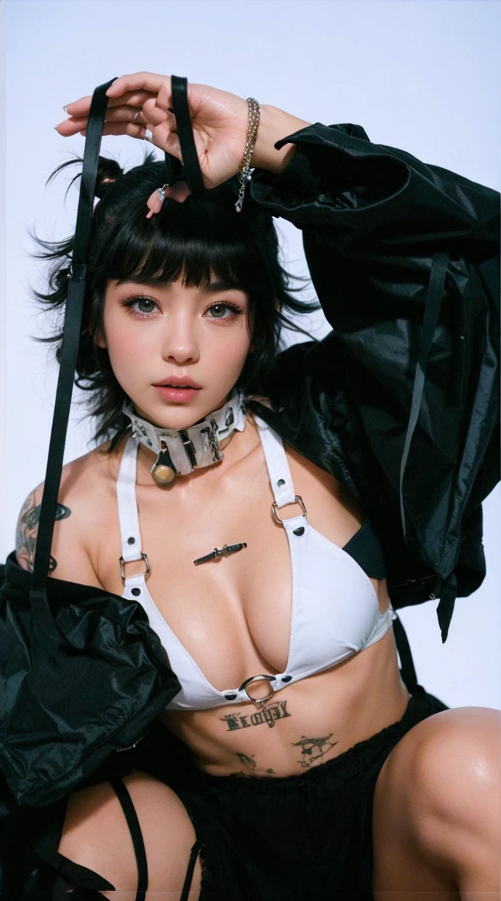 a young woman in an open rain coat and lingerie, sitting in an arctic landscape with a Lockheed Vega 5B plane, looking directly at the camera, detailed and intricate, high definition, full body, sharp focus, 4k, Leica 35mm F2.8, Fuji Superia Reala 100, beautiful detailed eyes, beautiful detailed lips, extremely detailed eyes and face, long eyelashes, enchanting, hair in bun