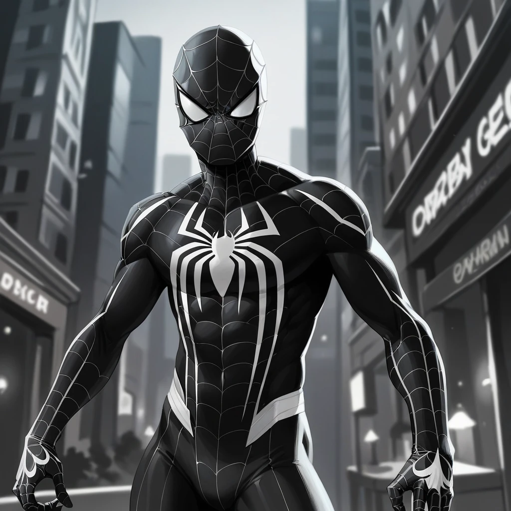 Spider-Black,a Spider-Man in a black and white uniform,night background.