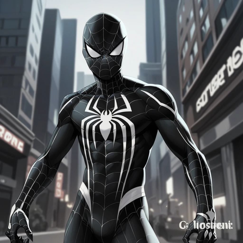 Spider-Black,a Spider-Man in a black and white uniform,night background.