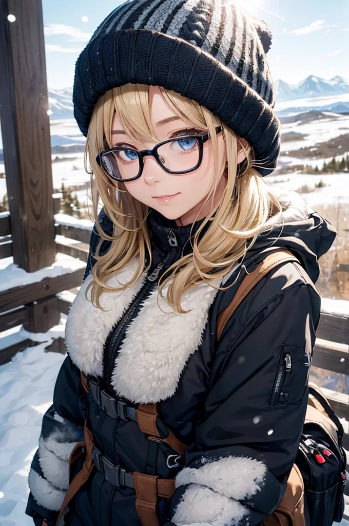 最high quality, high quality, High resolution, high quality texture, high quality shadows, High resolution, Beautiful details, Detailed CG, Detailed Texture, Realistic representation of face, Realistic, colorful, delicate, Cinematic Light, Side light, Lens flare, Ray Tracing, sharp concentrated, (1 Girl,concentrated:1.3), ( Intricate details, compensate, PureErosFaceV1:0.5), (細部まで美しいdelicateな顔, 緻密で美しいdelicateな瞳, Perfect Facial Proportions, Dense skin, Optimal ratio of four fingers to one thumb, Modest chest, Beautiful Hips, Smooth upper abdomen, blue eyes ,cold weather jacket ,cold weather pants ,knit hat ,cold weather gloves ,trekking backpack ,glasses ,hiking,lapland ,snow field ,long trail ,adventure journey ,night,Northern Lights ,winter,the gaze of true love, lips of temptation, A look full of compassion ,a smile full of love, i love you, Acting lovey-dovey, waist up, 35 years old, hiking,house wife, air fortress hair, blonde hair