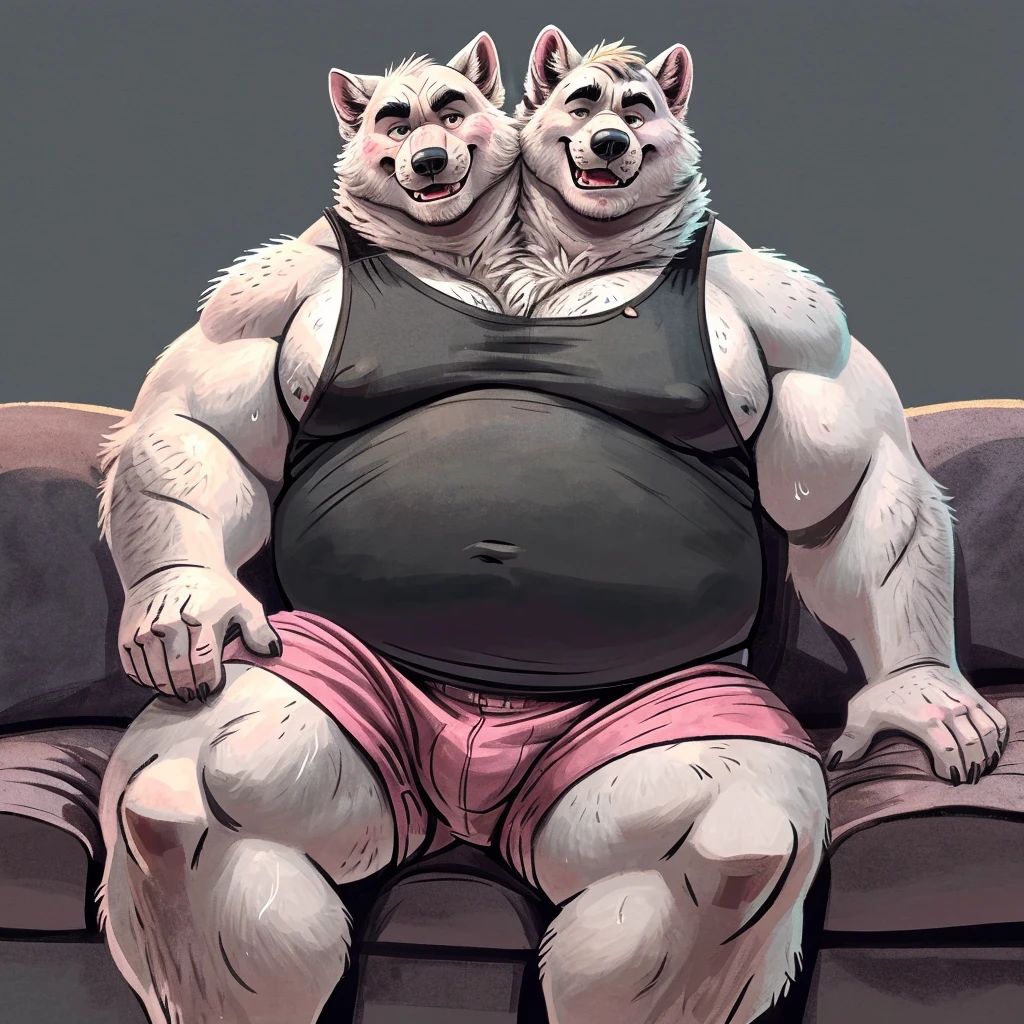 solo, arctic fox, two identical heads on one body, arctic fox ears, tail, masculine, necks, eyes, adult, male, 50 years old, by dramamine, (ugly, fat, dadbod, chubby, big belly, sweaty, white fur, solild gray background, (black sleeveless shirt, pink boxers), correct hands, correct anatomy, (ultradetailed, best quality, detailed masterpiece, highly detailed masterpiece, 4k, professional cartoon), (natural pose, sitting on couch, nuanced expressions)