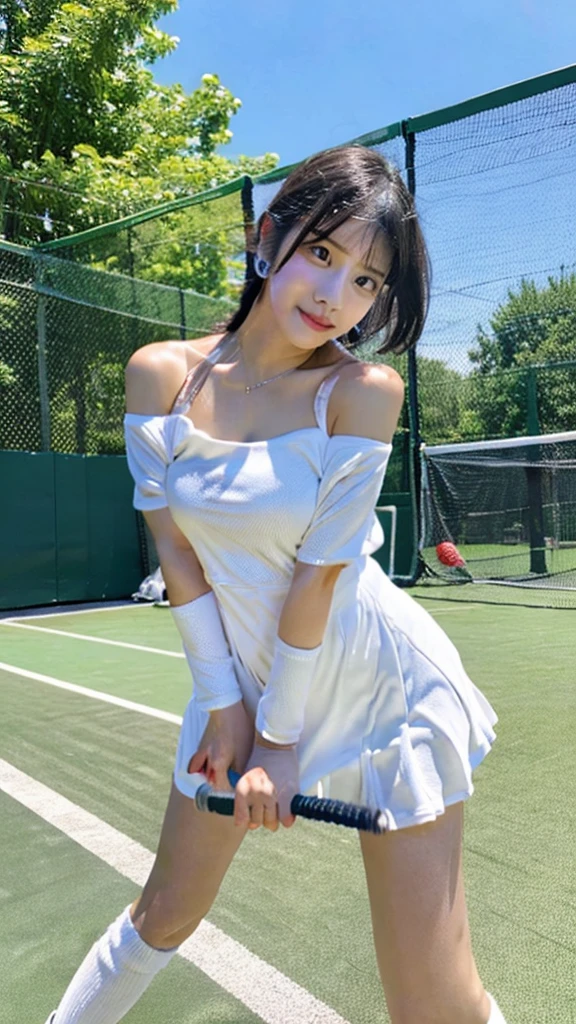 Describe a woman in a white tennis outfit, swinging a tennis racket with a determined expression on her face as she hits the ball back on a green tennis court under a clear blue sky. Her movements are powerful, and there are stands with spectators in the background,sweat,under shot,low angle,group,ahegao,orgasm,underboob:1.3,off shoulder colorful uni form