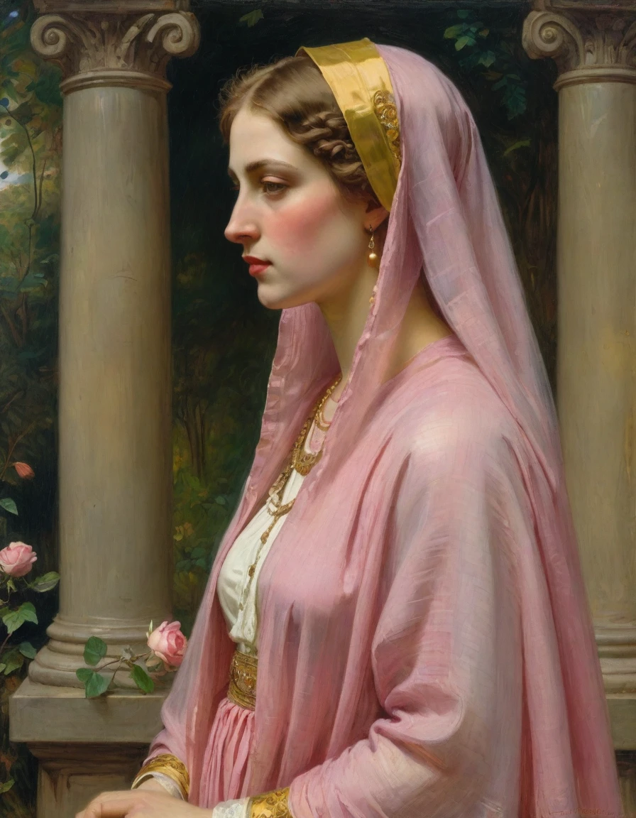 Masterpiece, ((realistic)), (propaganda poster), (((by John Everett Millais))), ((((profile portrait of a veiled roman woman, young, priestess, dignified, wearing pink and yellow robes, detailed moth, rose elements, muted colors)))), (((corinthian columns with moth elements, jungle background, white doves)))
