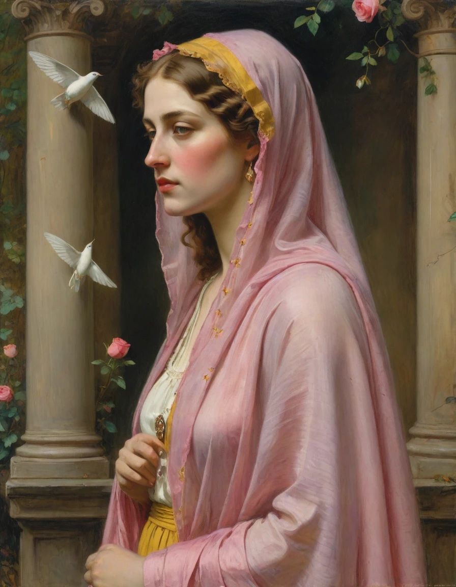 Masterpiece, ((realistic)), (propaganda poster), (((by John Everett Millais))), ((((profile portrait of a veiled roman woman, young, priestess, dignified, wearing pink and yellow robes, detailed moth, rose elements, muted colors)))), (((corinthian columns with moth elements, jungle background, white doves)))