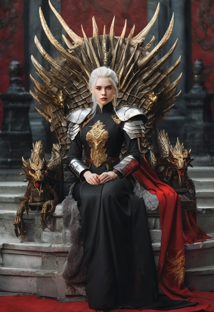 A beautiful young woman with white hair and light violet eyes, extremely pale skin, around 19 years old, wearing a mini updo hairstyle with a golden crown inlaid with rubies, natural red lips with a slight smile, thick white eyebrows and long eyelashes, incredibly beautiful. She is wearing a black dress with red accents and golden embroidered dragons, with a deep neckline. She is standing on a high platform with 8 steps. Behind her is a tall man, around 1.9 meters, with a military-style build and broad shoulders, white hair and dark violet eyes, thick white eyebrows, with a serious expression. He is wearing a golden and silver armor with two red and black dragons depicted on the chest. One hand is on the woman's waist, the other on the hilt of a sword on his belt. Behind them is an iron throne with swords embedded all over, and two dragons, one black and one red, behind the throne.