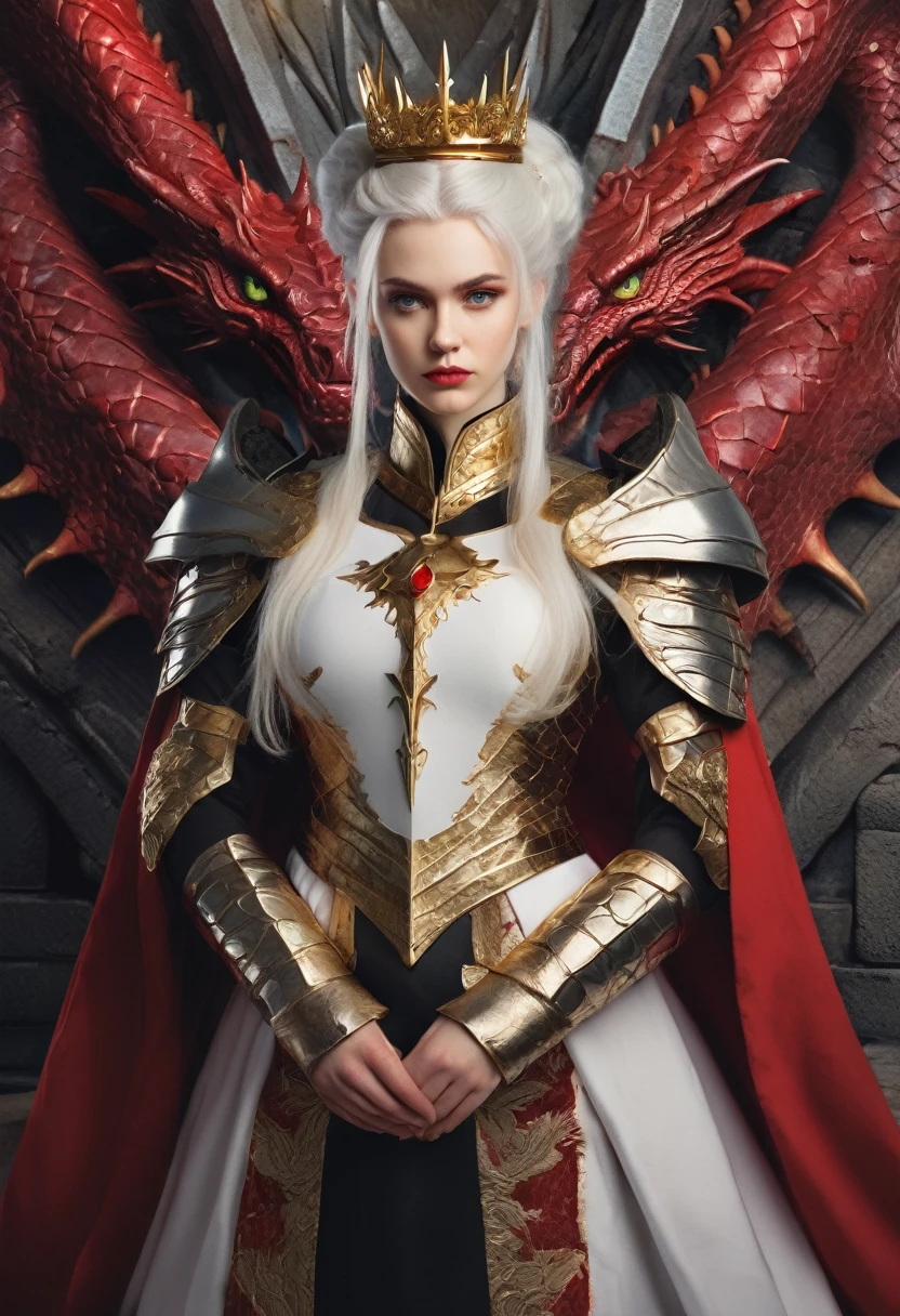 A beautiful young woman with white hair and light violet eyes, extremely pale skin, around 19 years old, wearing a mini updo hairstyle with a golden crown inlaid with rubies, natural red lips with a slight smile, thick white eyebrows and long eyelashes, incredibly beautiful. She is wearing a black dress with red accents and golden embroidered dragons, with a deep neckline. She is standing on a high platform with 8 steps. Behind her is a tall man, around 1.9 meters, with a military-style build and broad shoulders, white hair and dark violet eyes, thick white eyebrows, with a serious expression. He is wearing a golden and silver armor with two red and black dragons depicted on the chest. One hand is on the woman's waist, the other on the hilt of a sword on his belt. Behind them is an iron throne with swords embedded all over, and two dragons, one black and one red, behind the throne.