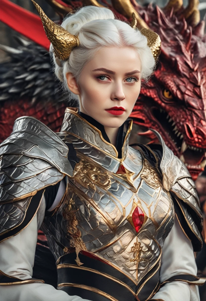 A beautiful young woman with white hair and light violet eyes, extremely pale skin, around 19 years old, wearing a mini updo hairstyle with a golden crown inlaid with rubies, natural red lips with a slight smile, thick white eyebrows and long eyelashes, incredibly beautiful. She is wearing a black dress with red accents and golden embroidered dragons, with a deep neckline. She is standing on a high platform with 8 steps. Behind her is a tall man, around 1.9 meters, with a military-style build and broad shoulders, white hair and dark violet eyes, thick white eyebrows, with a serious expression. He is wearing a golden and silver armor with two red and black dragons depicted on the chest. One hand is on the woman's waist, the other on the hilt of a sword on his belt. Behind them is an iron throne with swords embedded all over, and two dragons, one black and one red, behind the throne.