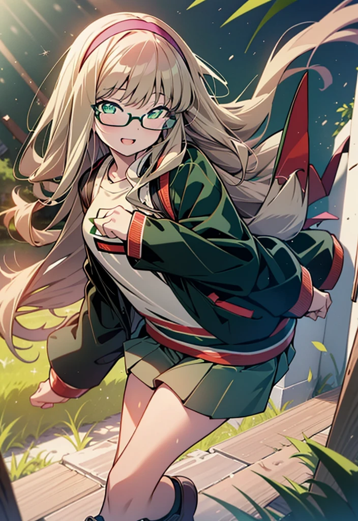 minami yume ,sss Dynazenon ,Long Hair, Brown Hair, (Green Eyes:1.5) ,Center of chest,hair band,happy smile, smile, Open your mouth, Black-rimmed glasses,Oversized red hoodie,Blue long skirt,short boots,Walking,whole bodyがイラストに入るように
break looking at viewer, whole body,
break outdoors, Building district,
break (masterpiece:1.2), Highest quality, High resolution, unity 8k wallpaper, (shape:0.8), (Beautiful and beautiful eyes:1.6), Highly detailed face, Perfect lighting, Extremely detailed CG, (Perfect hands, Perfect ???????),